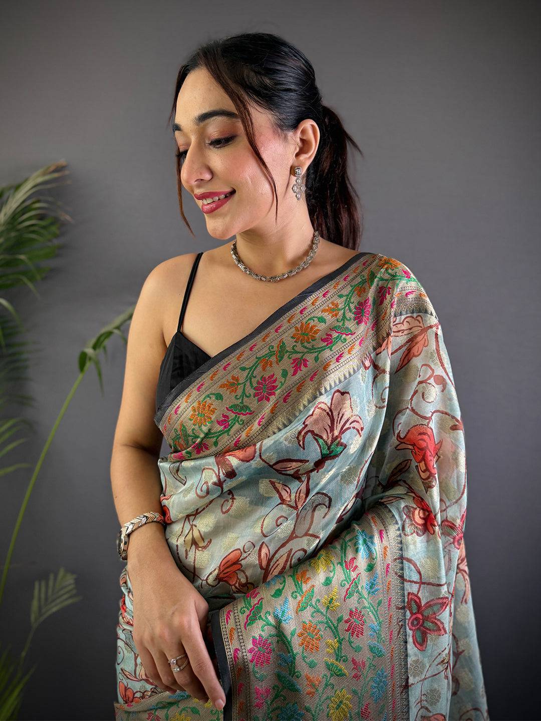 Sky Blue Kalamkari Printed Kora Tissue Saree

