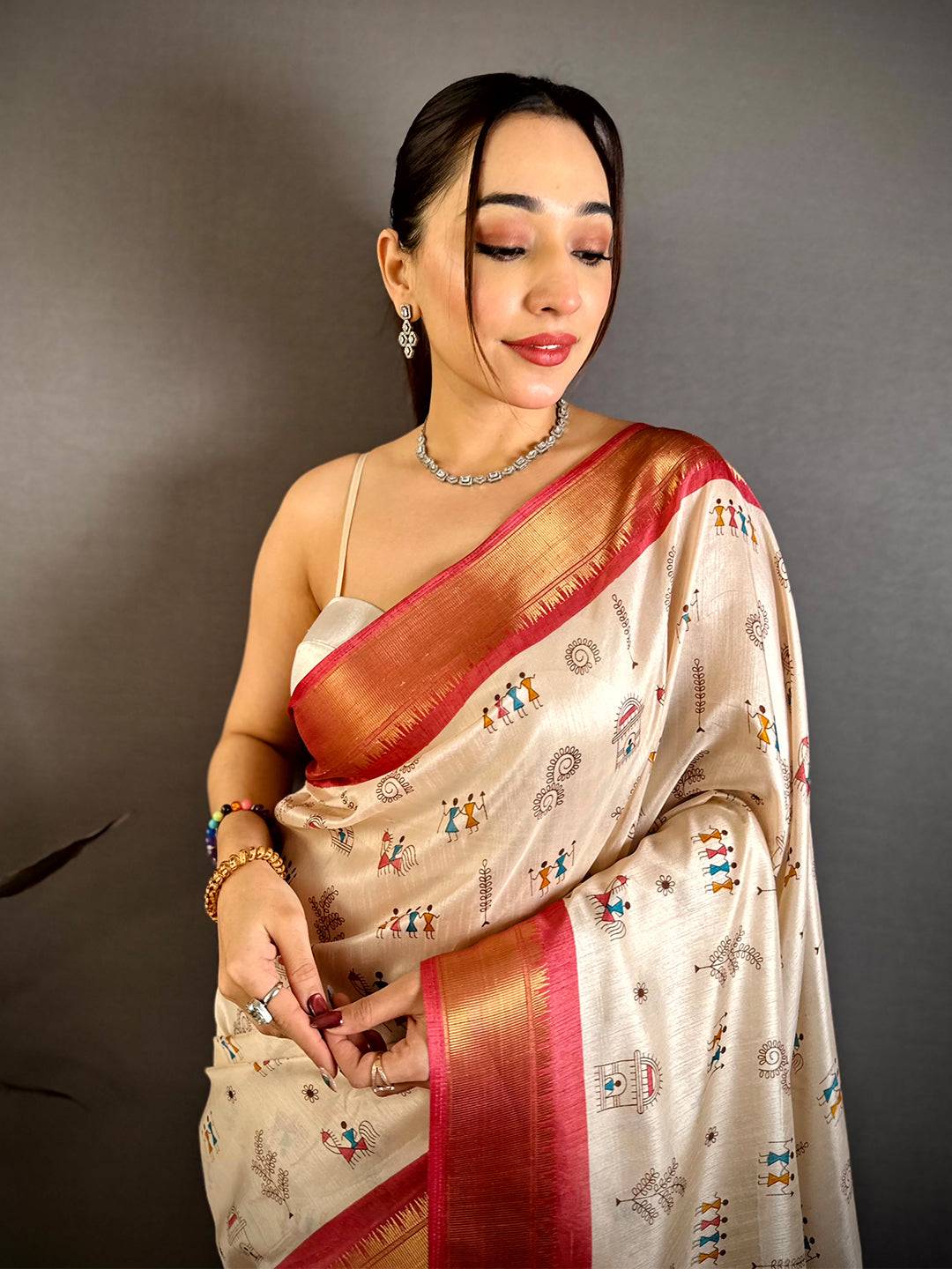 Peach Soft Dola Silk Warli Print Saree