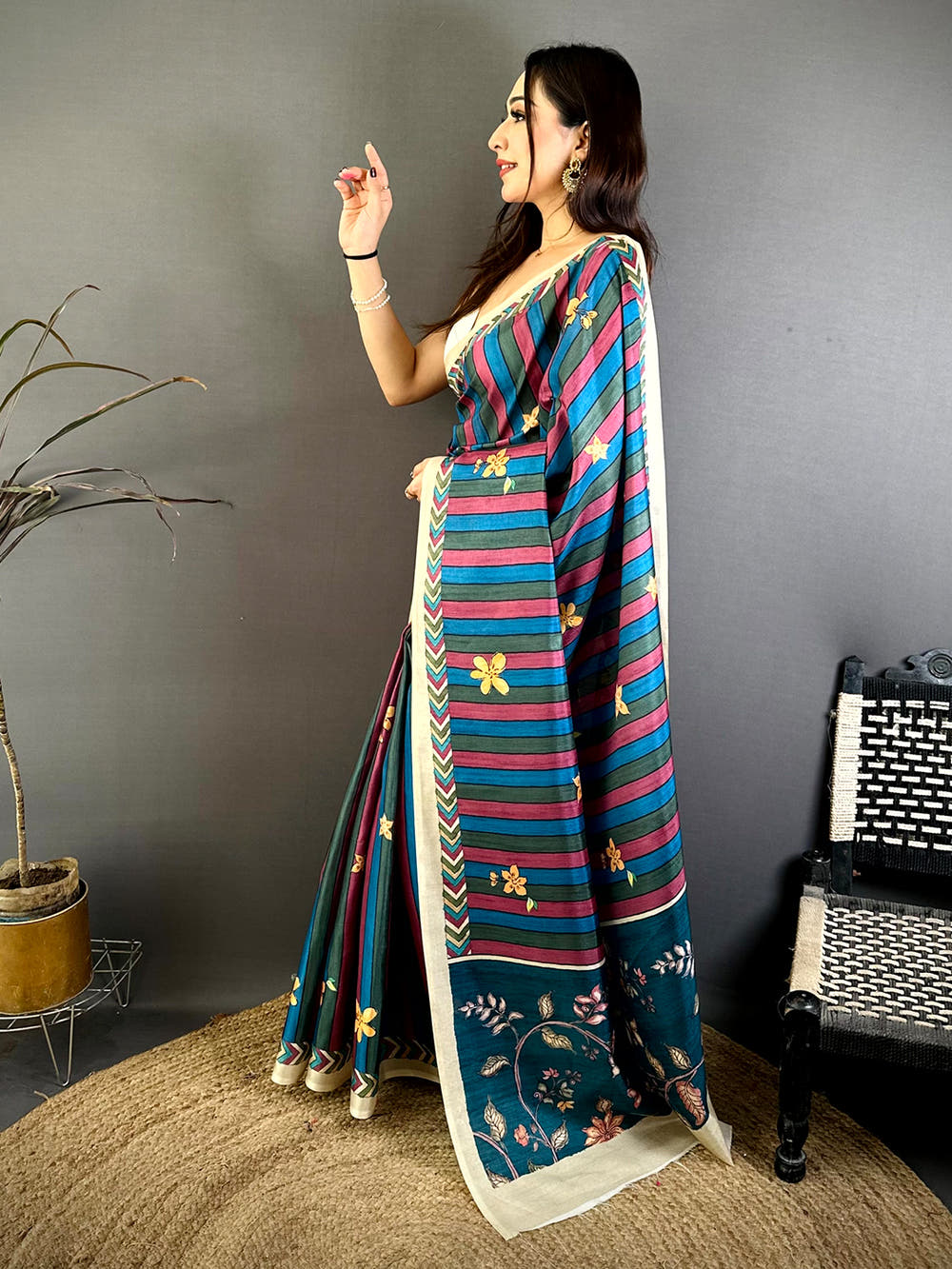 Elegant Tussar Striped Floral Print Saree