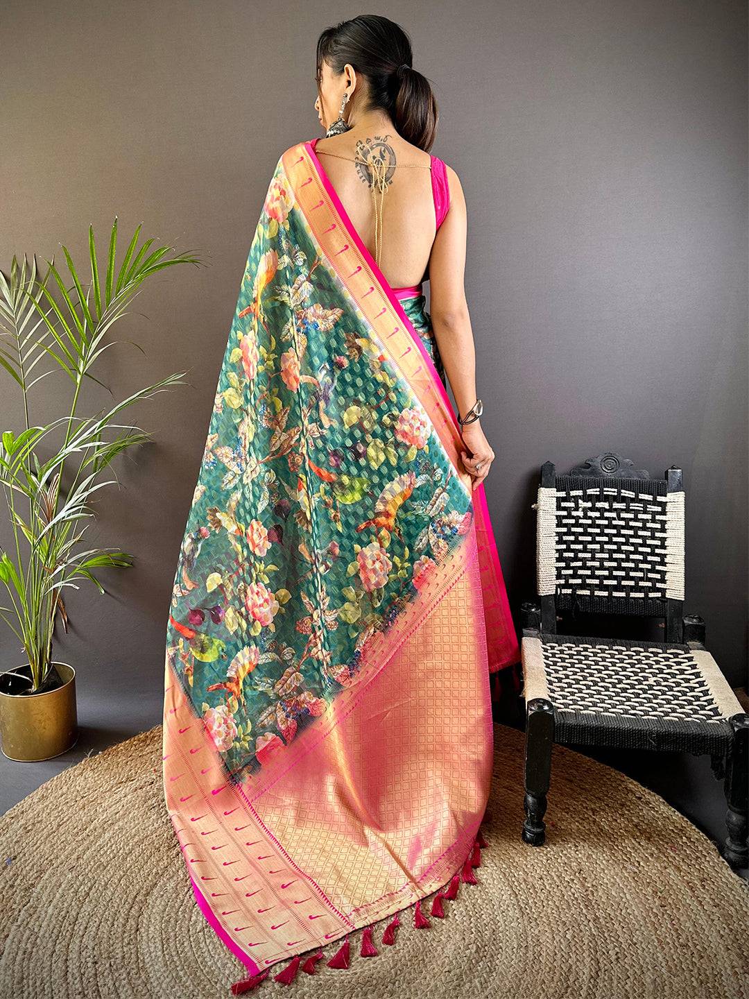 Teal Paithani Kora Silk Saree