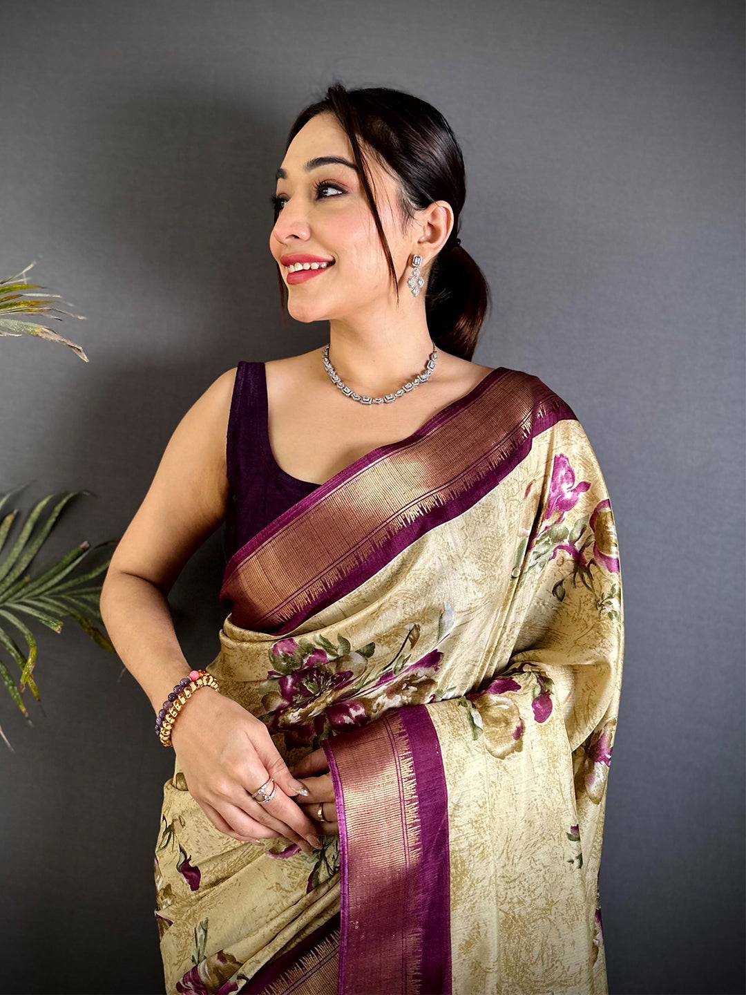 Heritage Cream Floral Dola Silk Saree


