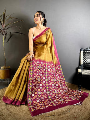 Designer Tussar Patola Printed Pallu Saree