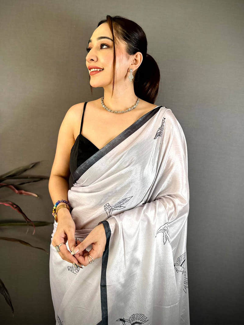 Silver Grey Chiffon Bird Print Saree with Black Pallu and Border