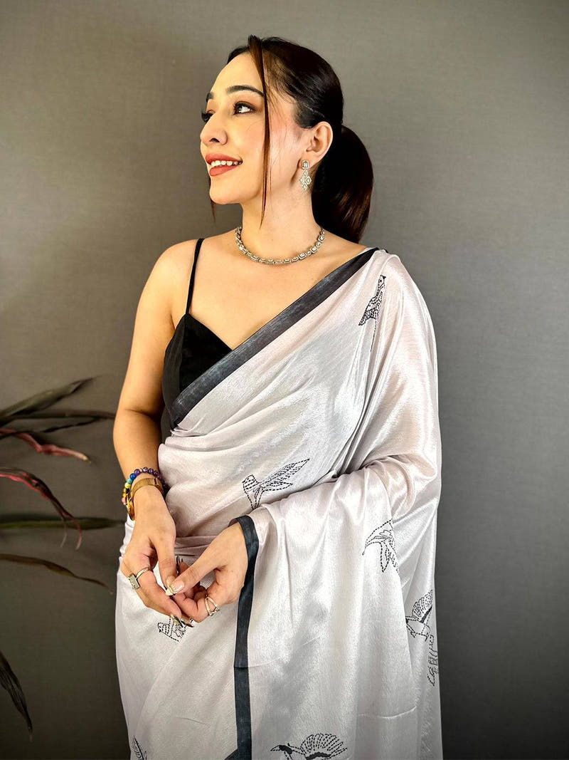 Elegant Bird Print Soft Chiffon Saree