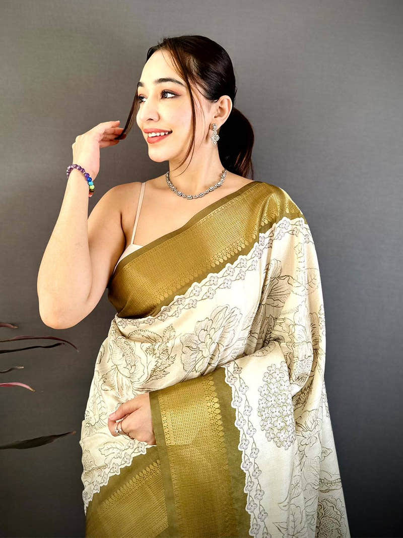 Royal Gold Zari Border Floral Silk Saree
