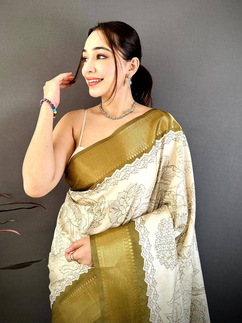 Royal Gold Zari Border Floral Silk Saree