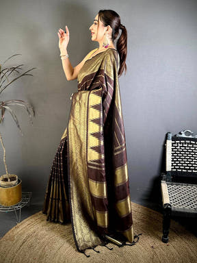 Wooden Brown Soft Silk Temple Border Saree