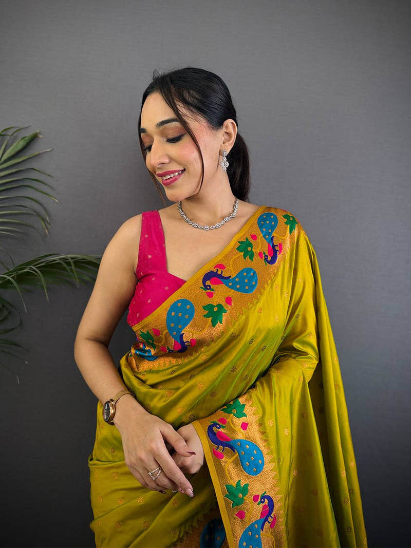 Mustard Yeola Paithani Soft Silk Saree