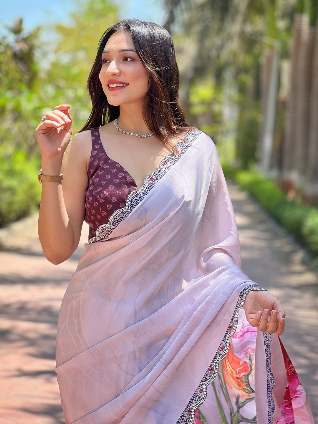 Grey Colour Satin Georgette Flower And Jewellery Print Saree