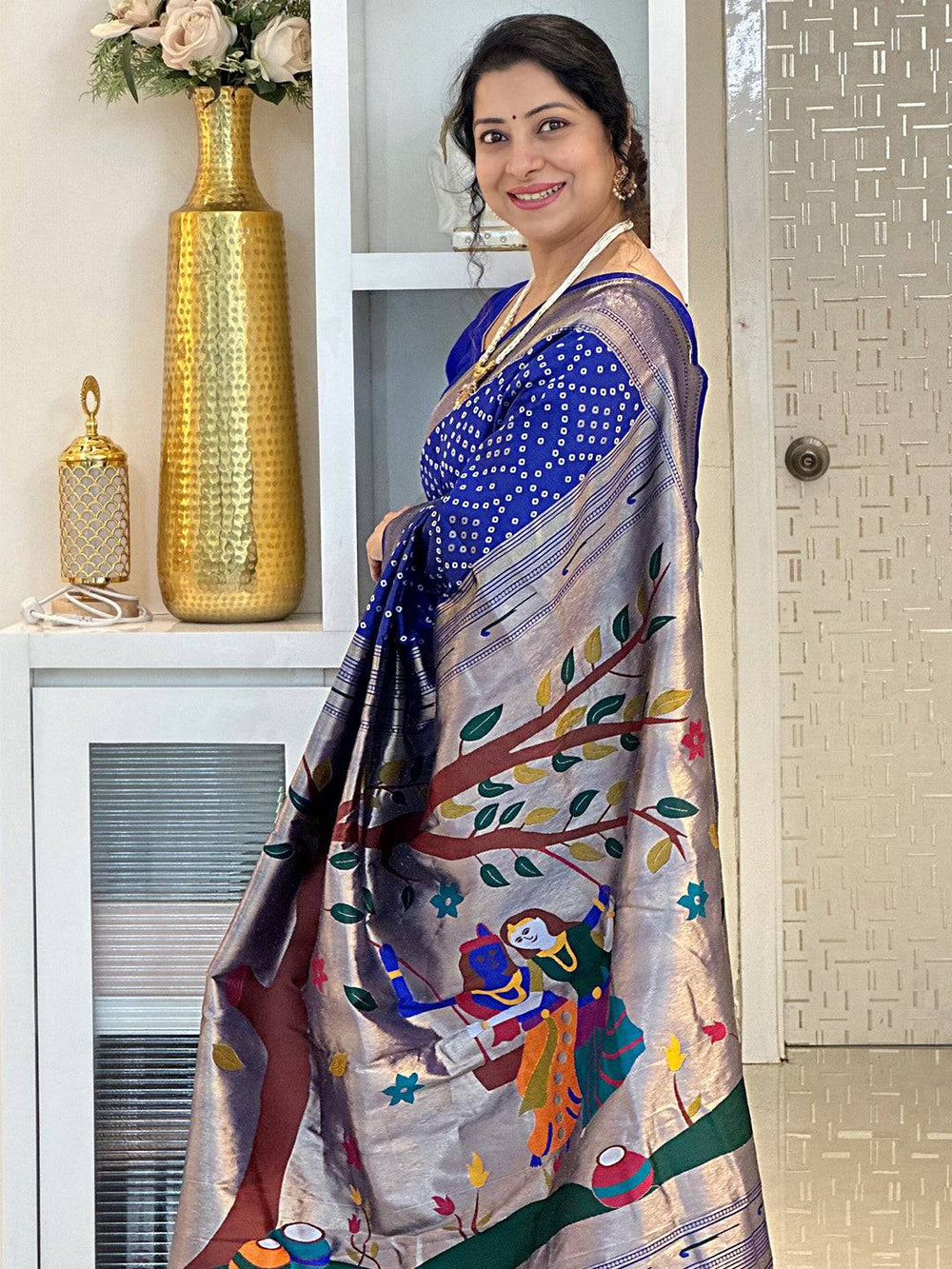 Traditional Blue Bandhej Silk Saree with detailed artwork