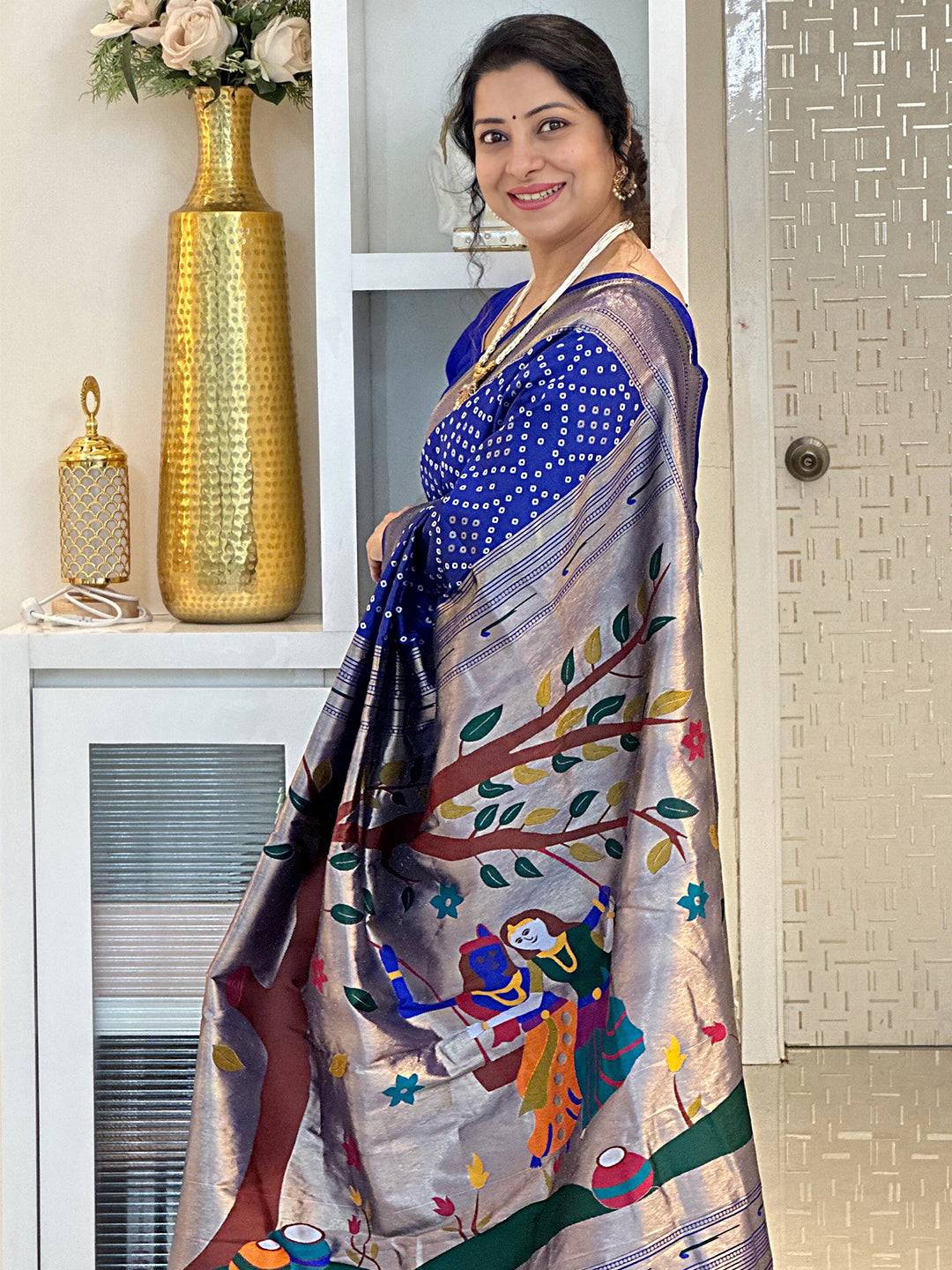 Traditional Blue Bandhej Silk Saree with detailed artwork
