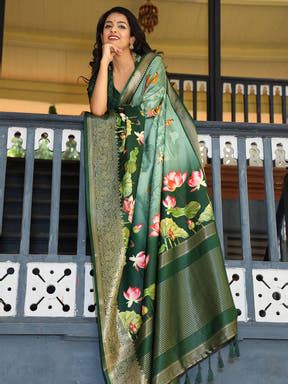 Green Colour Pure Viscose Dola Silk Saree with Floral Print
