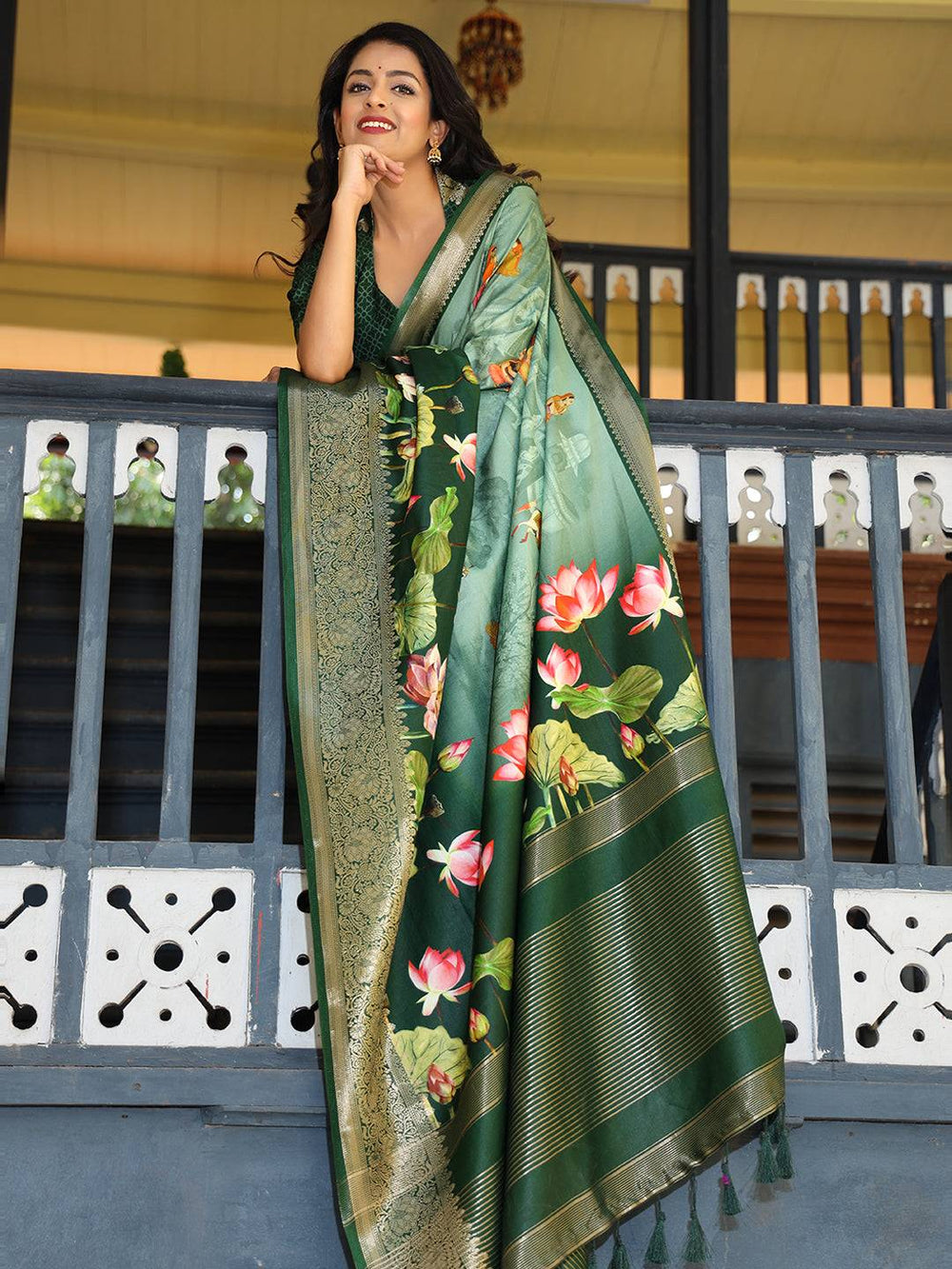 Green Colour Pure Viscose Dola Silk Saree with Floral Print