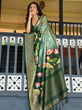 Green Colour Pure Viscose Dola Silk Saree with Floral Print