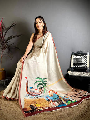 Elegant Kerala Print Tussar Saree