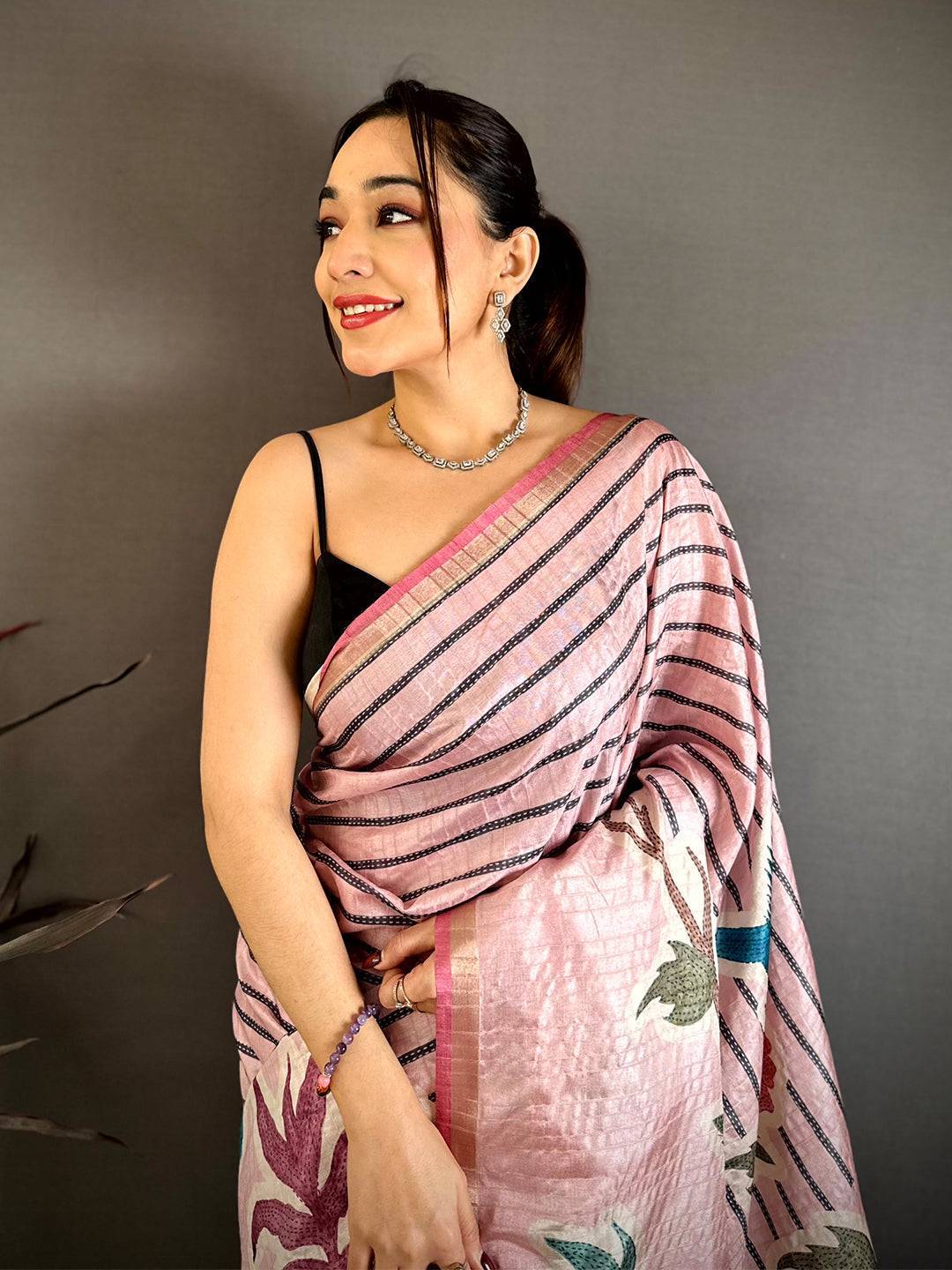 Baby Pink Tussar Ghicha Floral Bird Saree