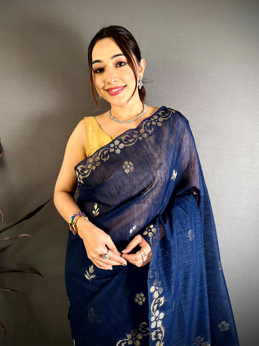 Navy Sona Chandi Khadi Ghicha Saree


