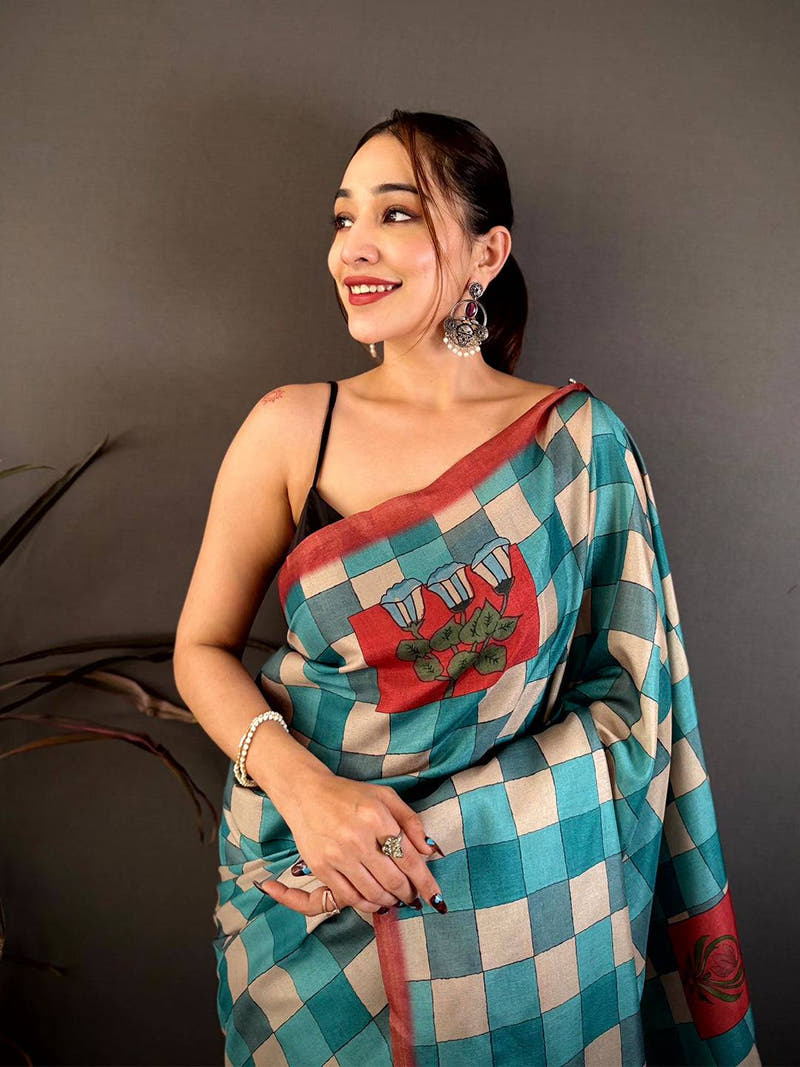 Multicolour Block Print Soft Tussar Saree