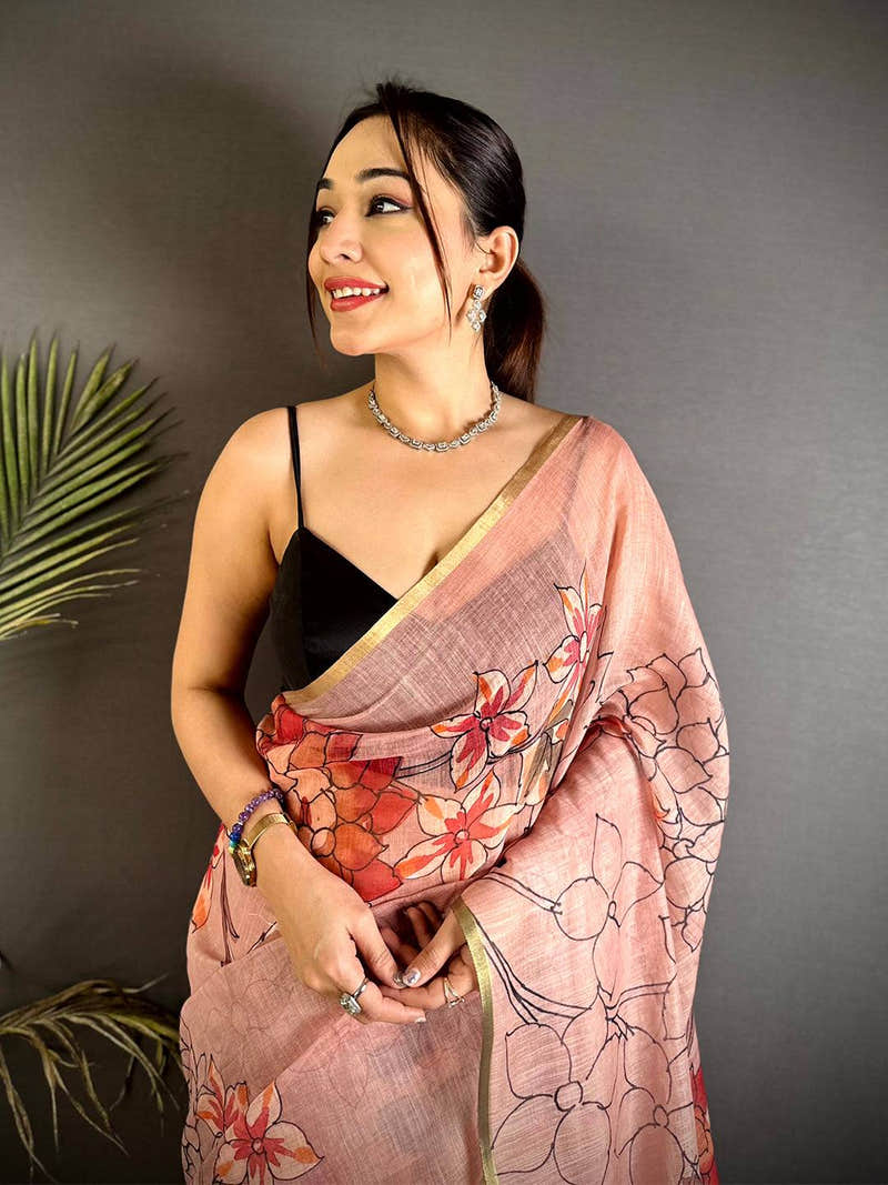 Classic Pink Floral Linen Saree