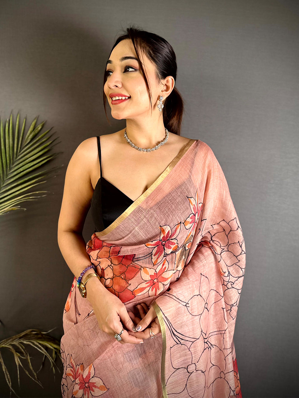 Classic Pink Floral Linen Saree


