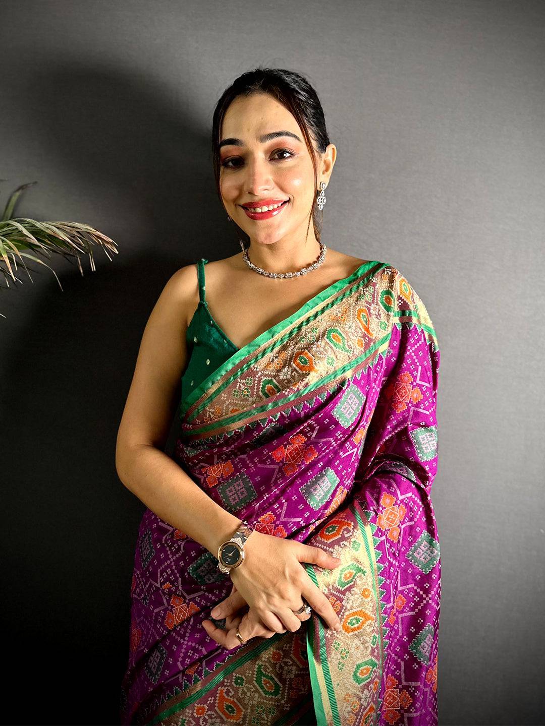 Wine Soft Silk Saree With Patola Weaving

