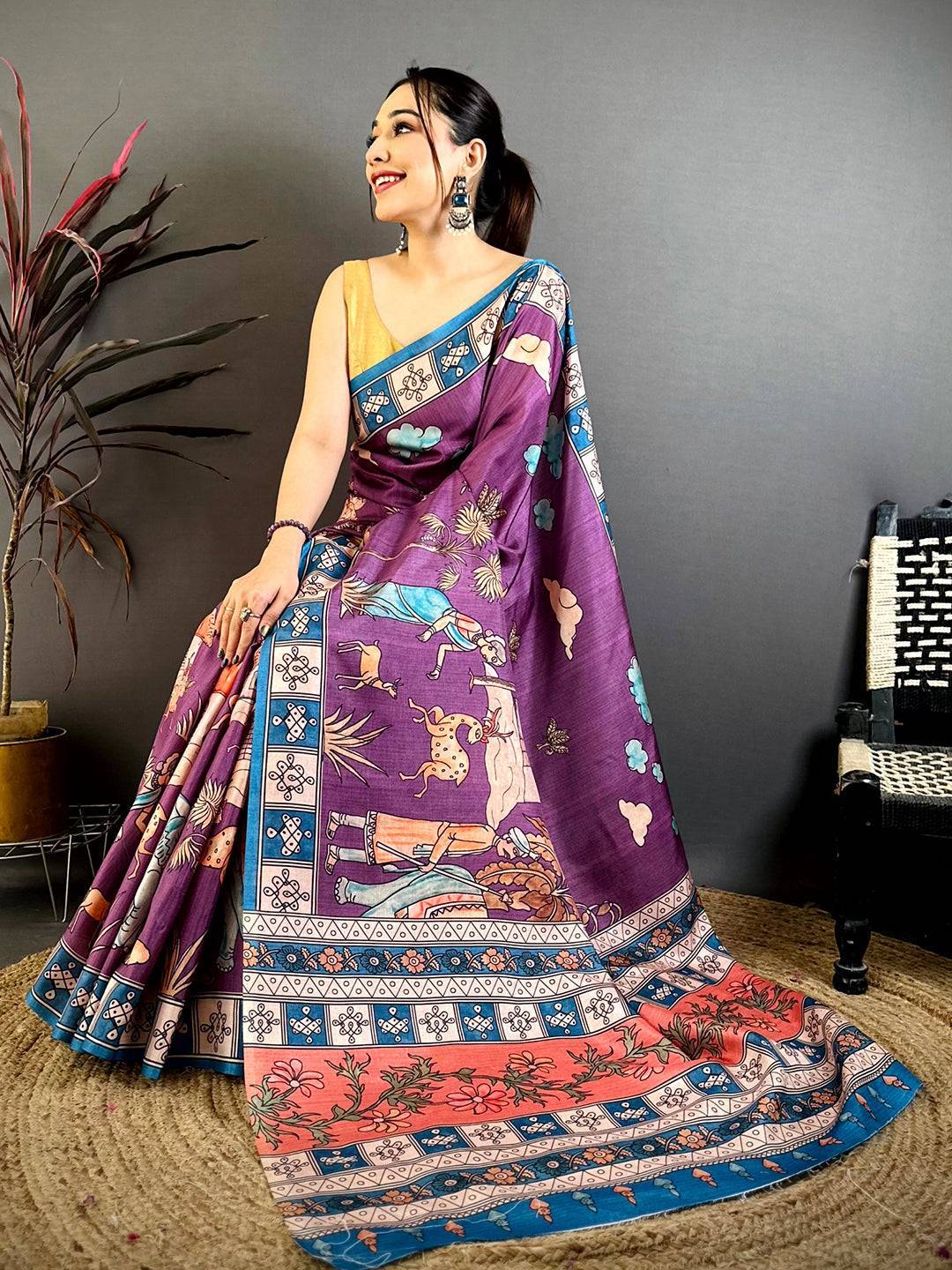 Wine Elegance Kalamkari Tussar Saree
