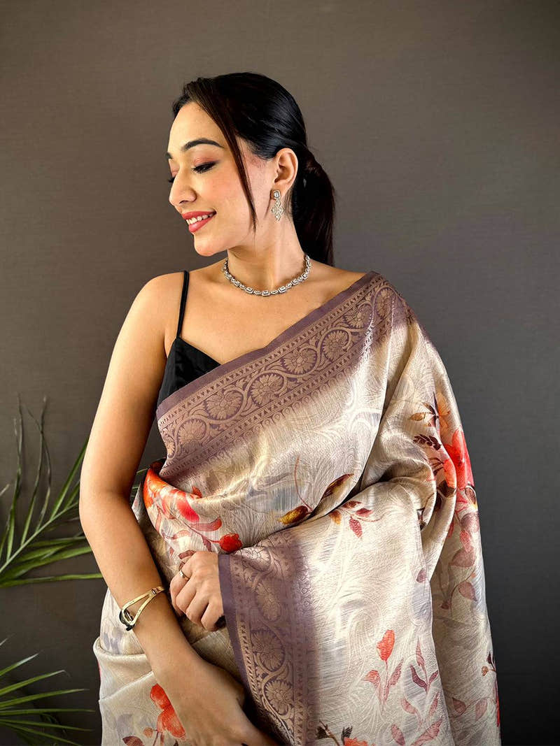 Ivory Slub Ghicha Placement Print Saree