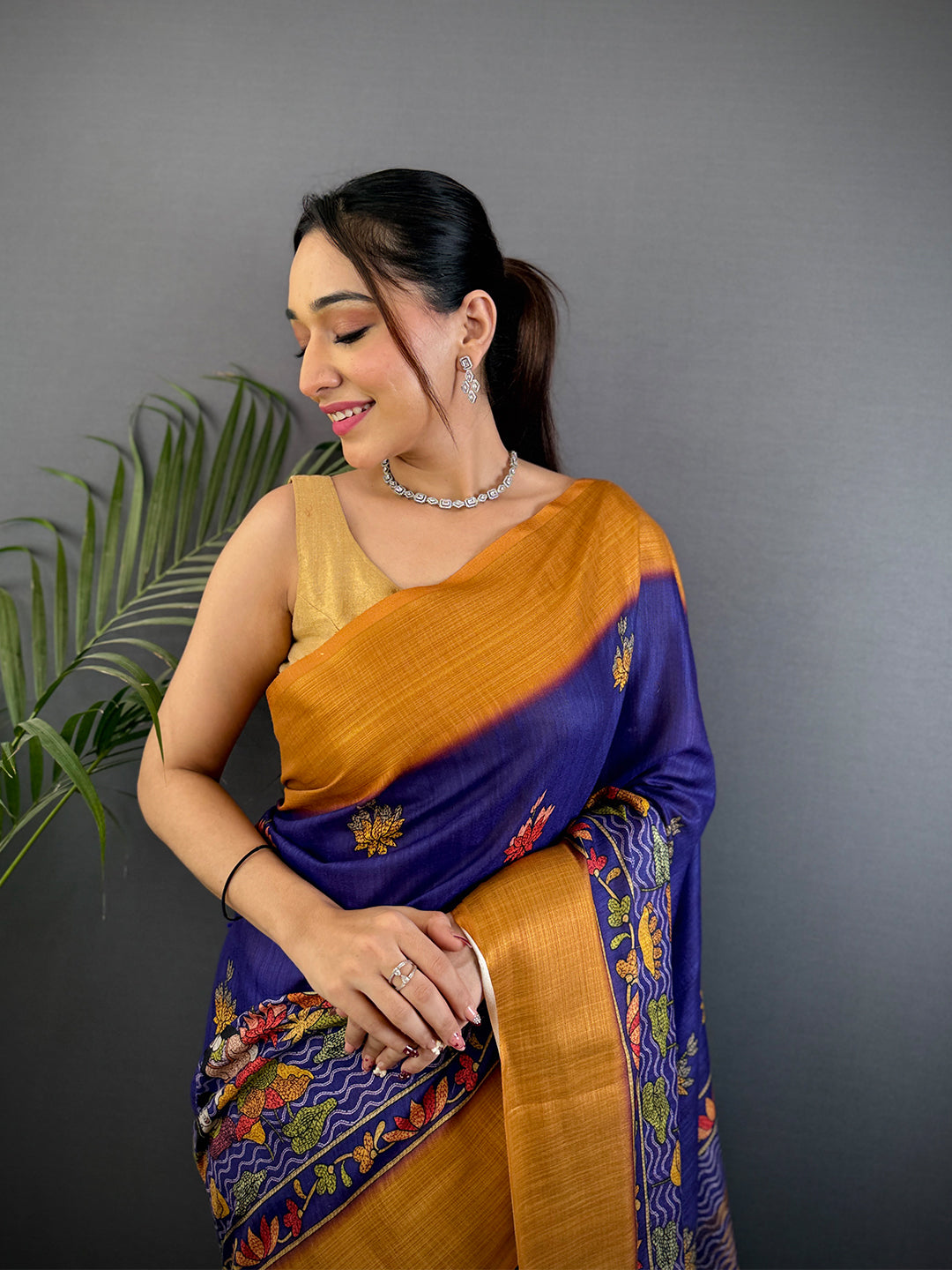 Purple Aari Pashmina Print Linen Saree