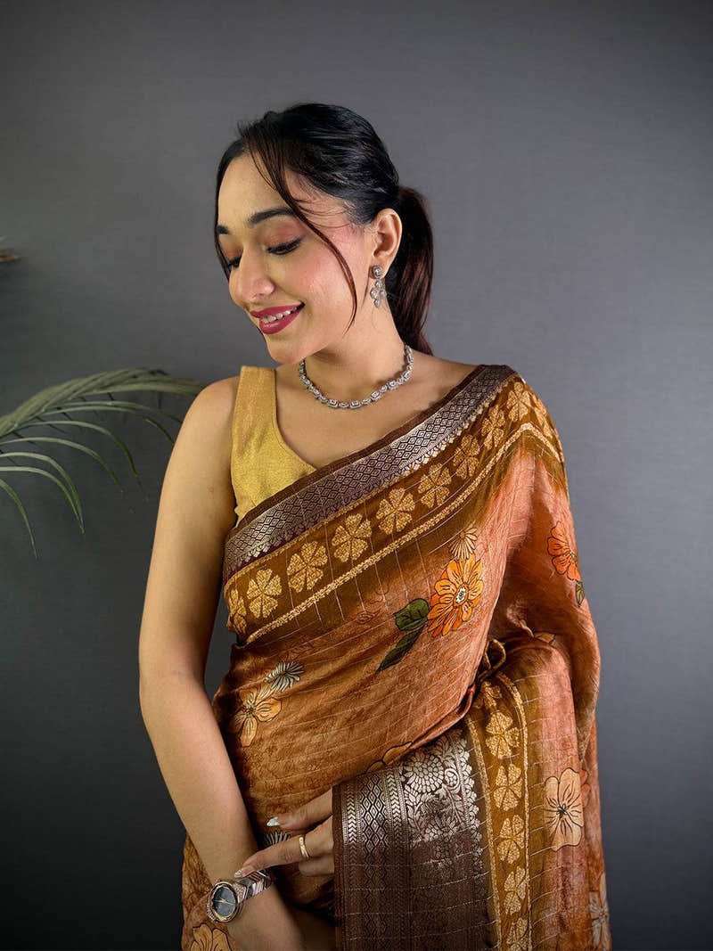 Copper Pure Viscose Floral Print Saree with Zari Chex Border
