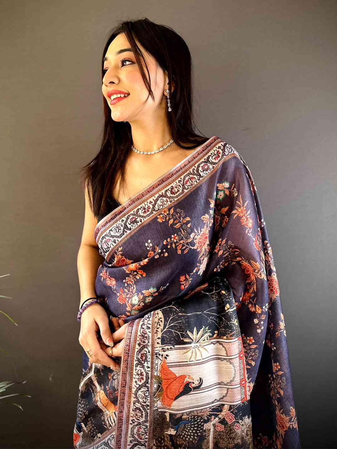 Navy Blue Tissue Chanderi Kalamkari Handprint Saree