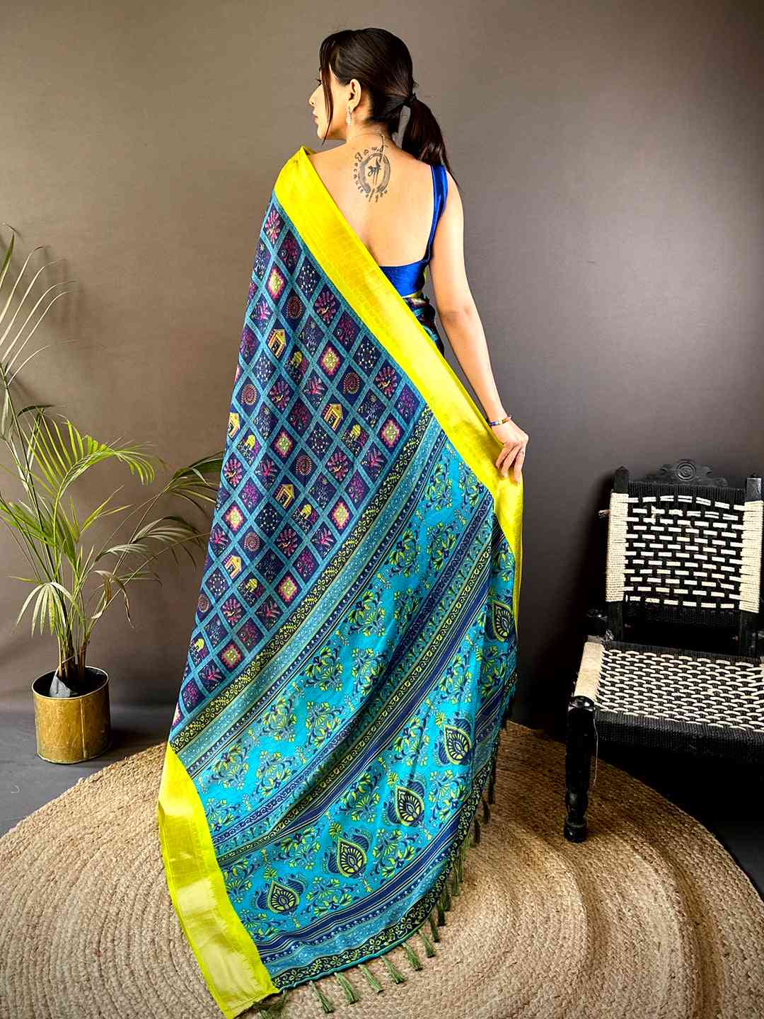 Navy Soft Silk Kalamkari Check Floral Print Saree