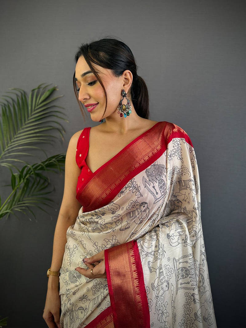 Red Dola Silk Pen Kalamkari Print Saree