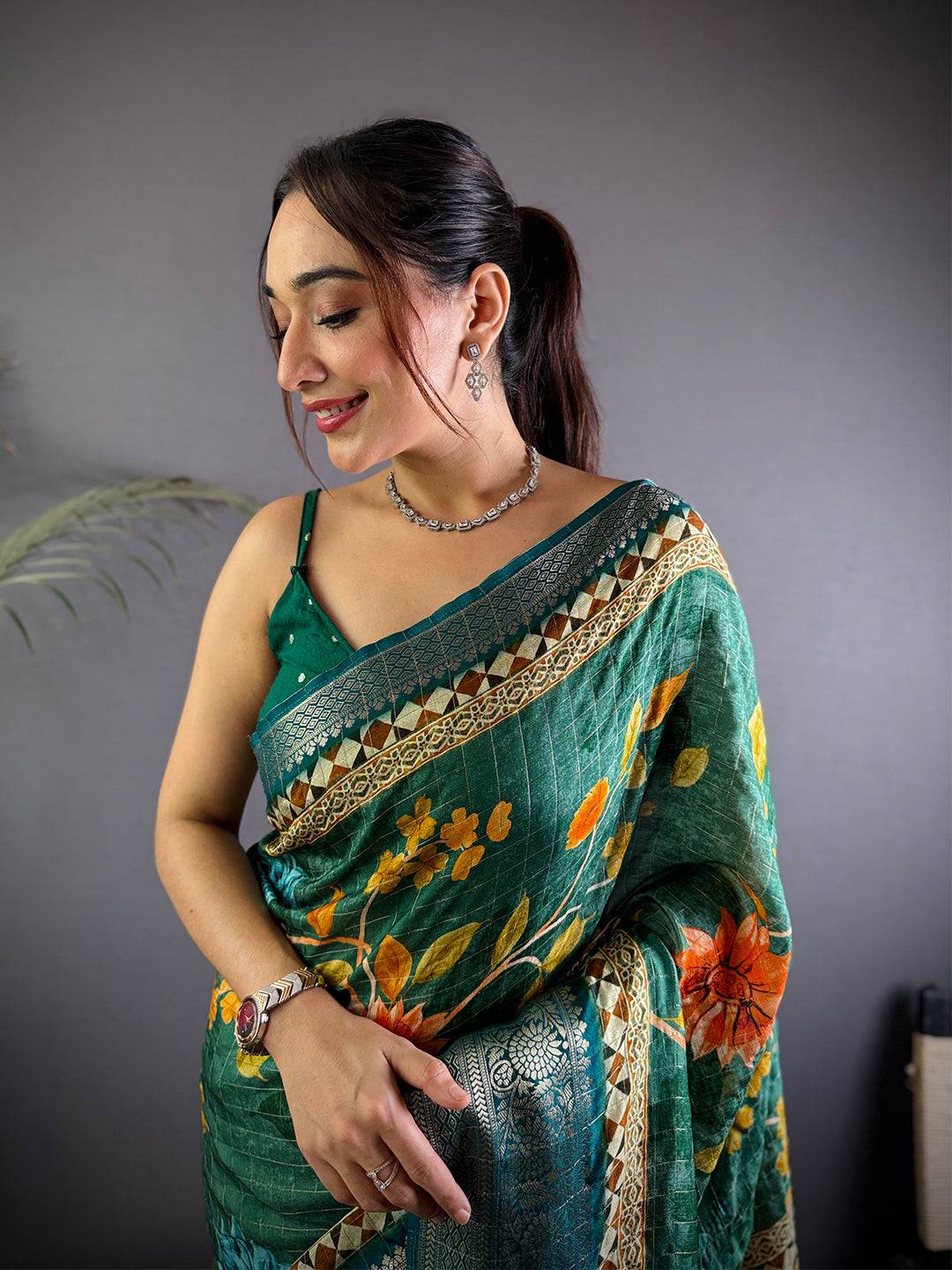 Teal Pure Viscose Floral Printed Saree