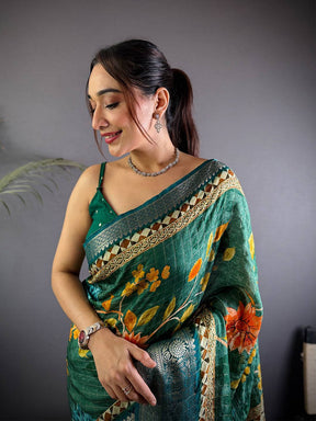 Teal Pure Viscose Floral Printed Saree