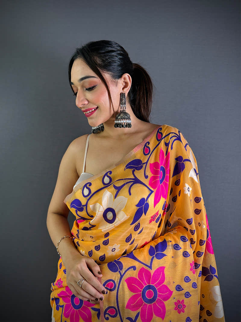 Gold Dhakai Jamdani Cotton Silk Saree