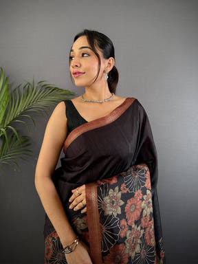 Brown Ghicha Tussar Silk Floral Saree