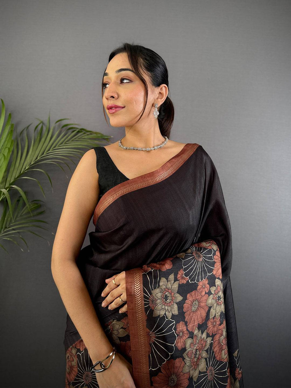 Brown Ghicha Tussar Silk Floral Saree