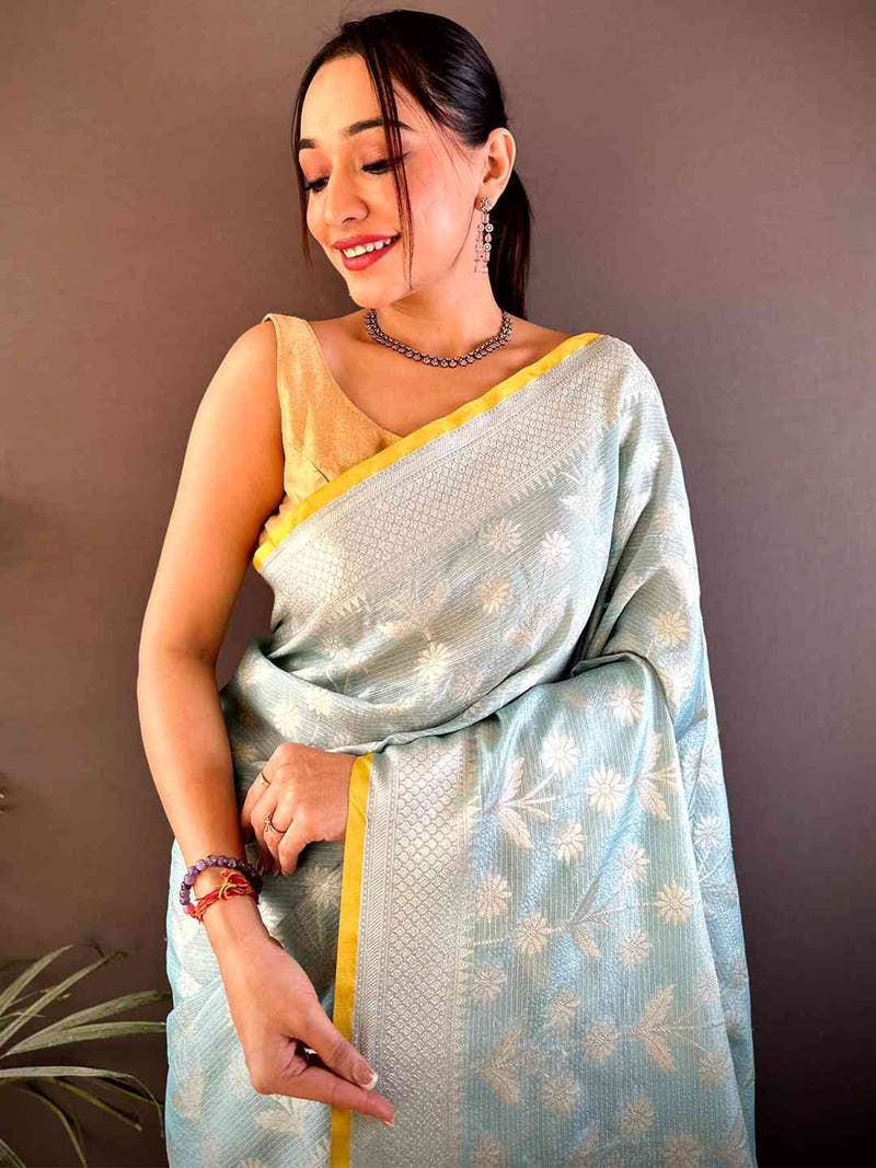 Sky Blue Kota Kora Zari Floral Weave Saree