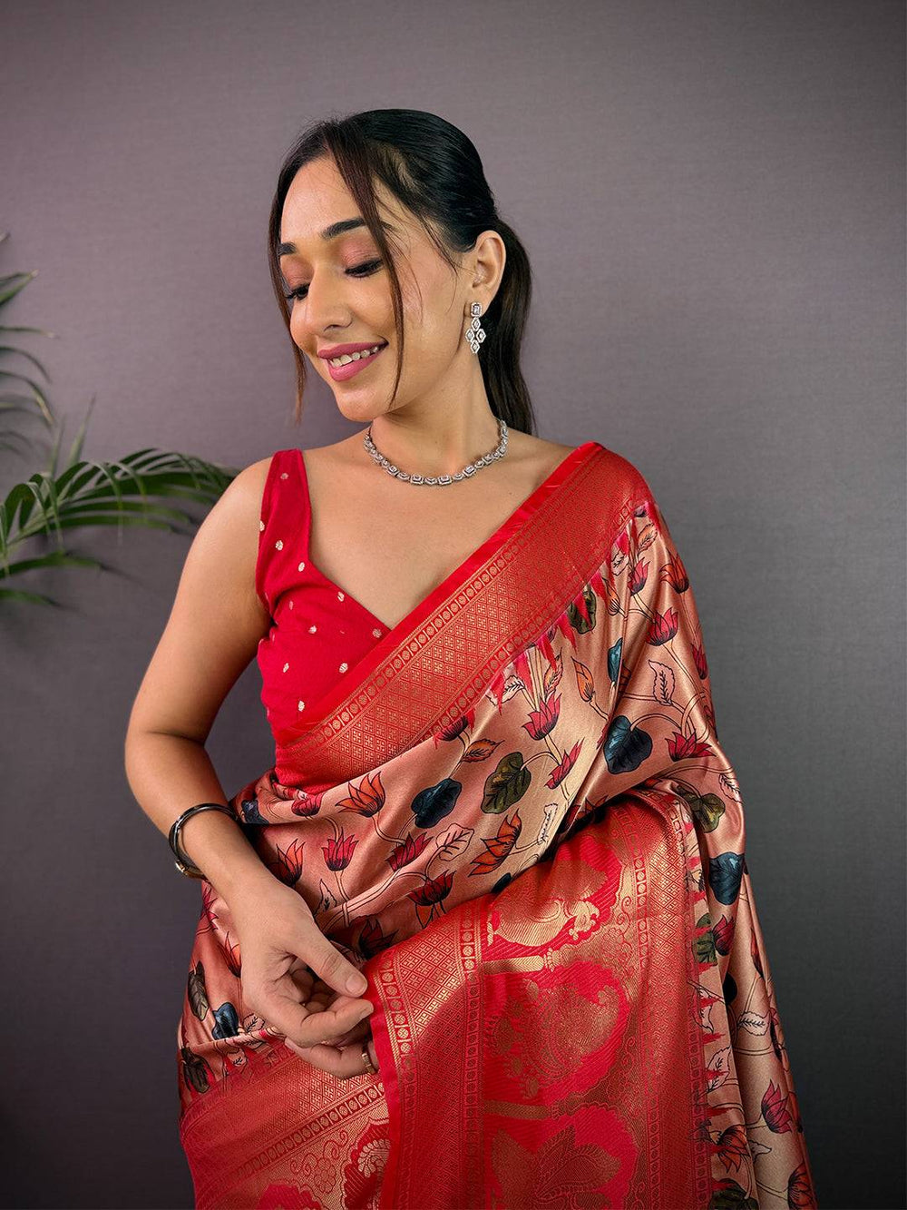 Vibrant Soft Cherry Satin Kalamkari Print Saree