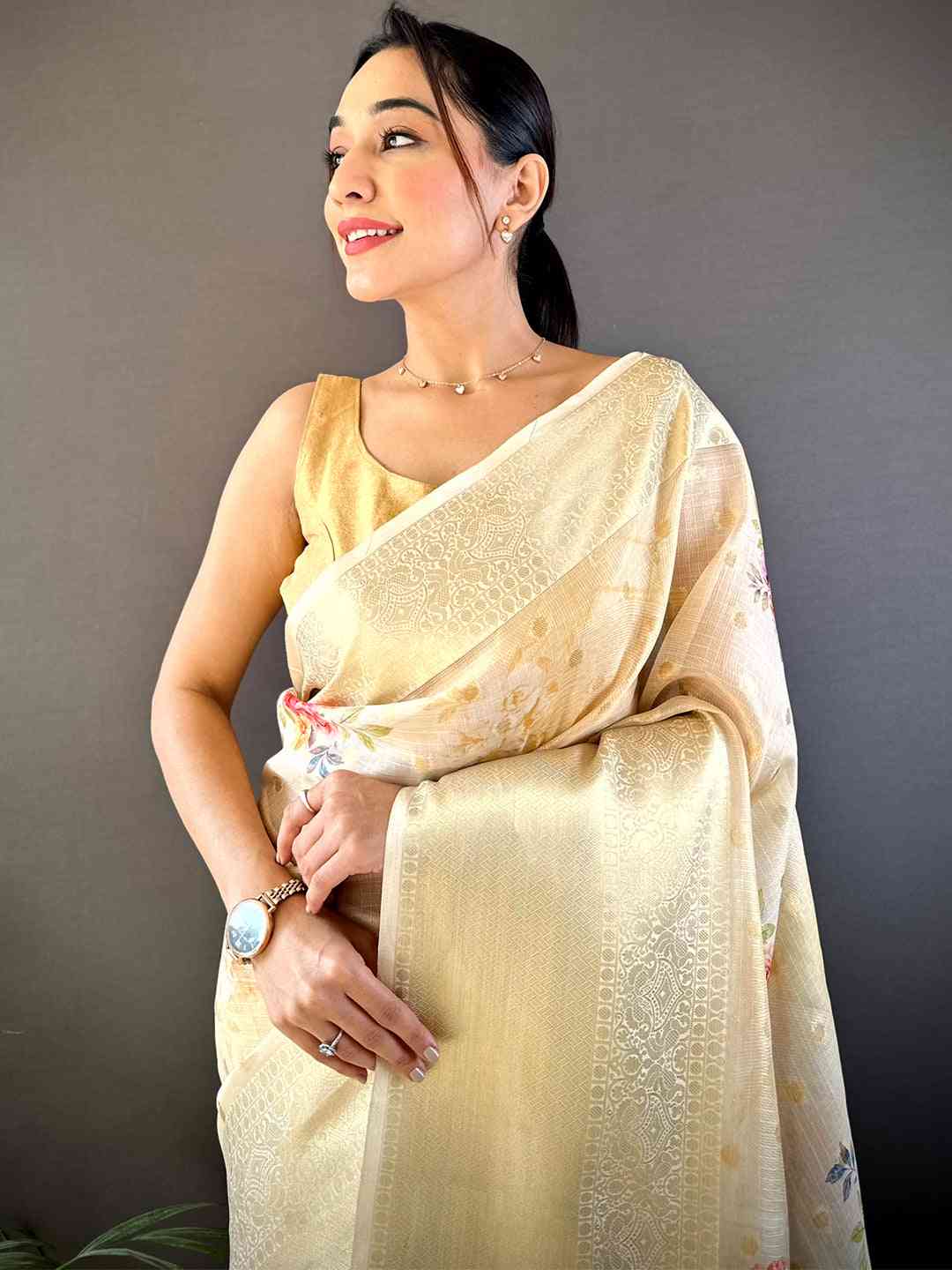 Elegant White Floral Kota Doriya Saree