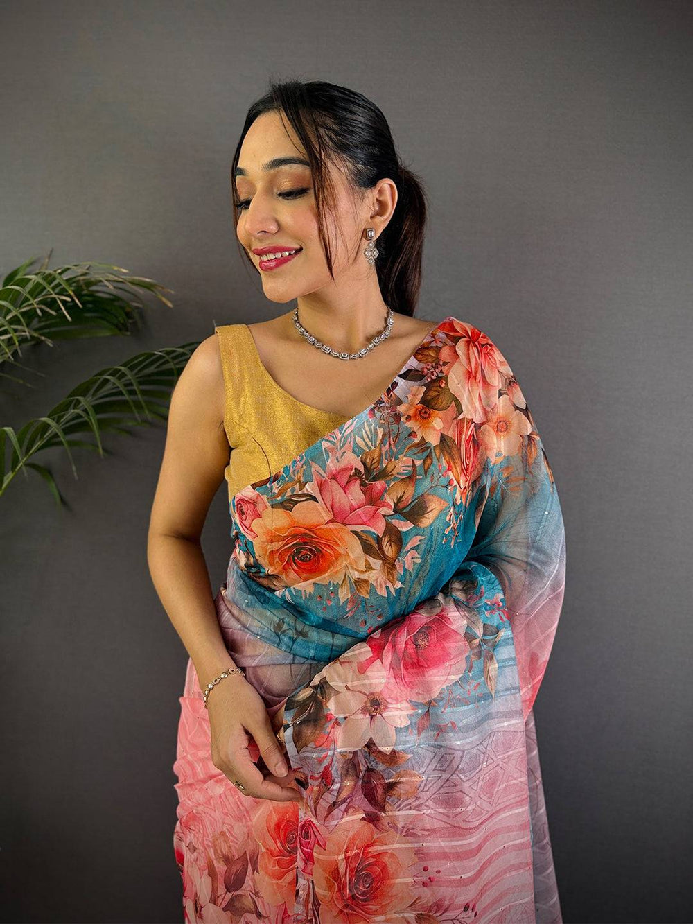 Light Pink Soft Organza Digital Floral Saree