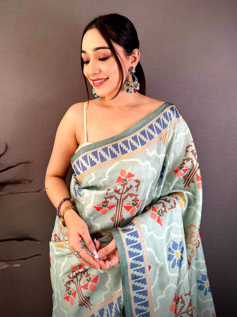 Sage Green Tussar Floral Digital Art Saree
