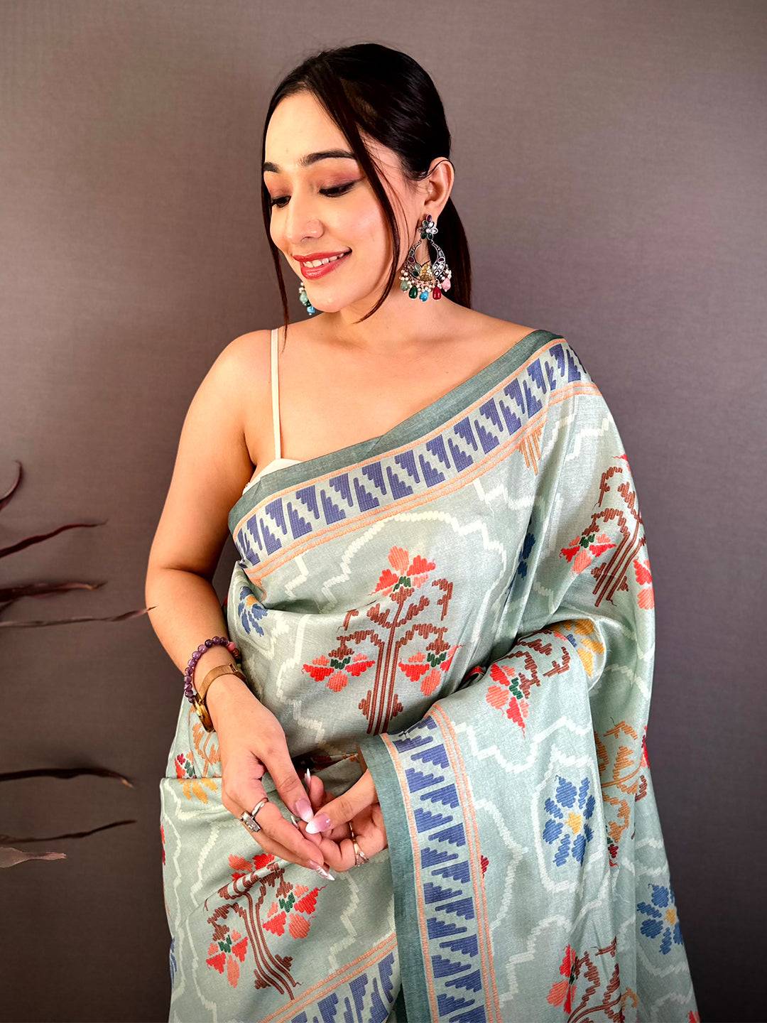 Sage Green Tussar Floral Digital Art Saree