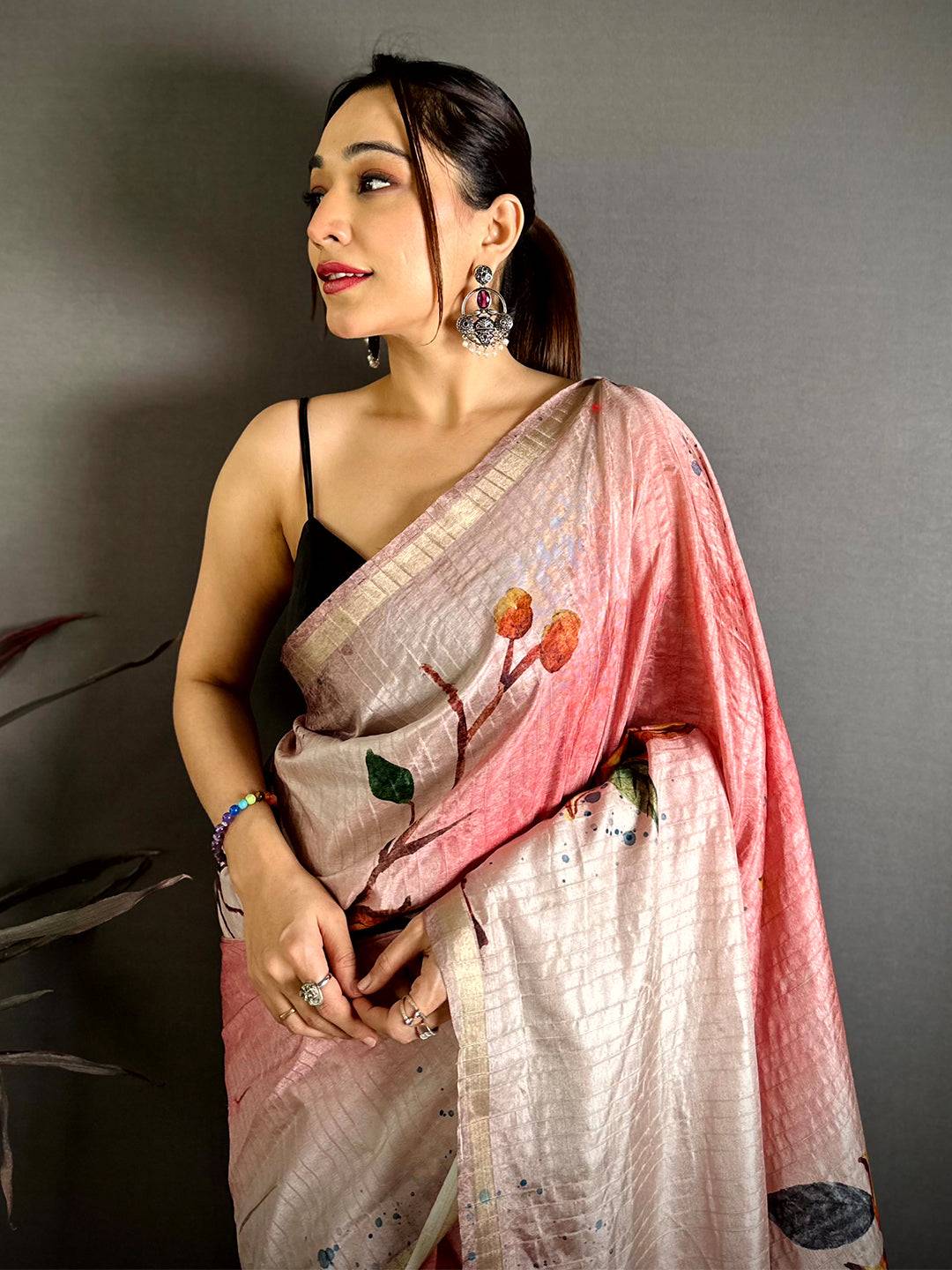 Pastel Pink Ghicha Tussar Floral Saree