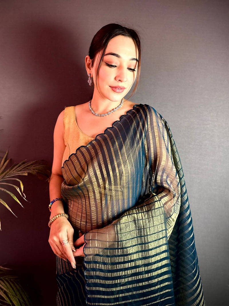 Opulent Gold Zari Striped Chiffon Saree