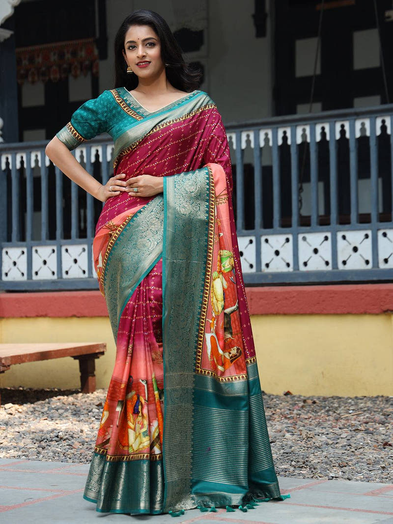 Rani Pure Viscose Dola Silk Saree with Bhandhej Print