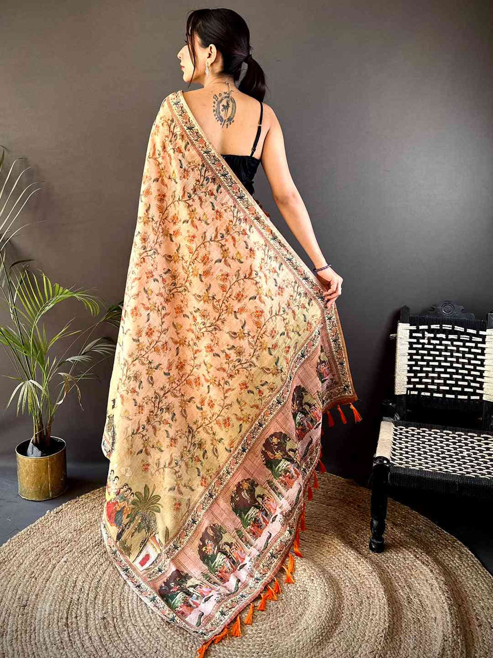 Peach Tussar Pashmina Kalamkari Saree