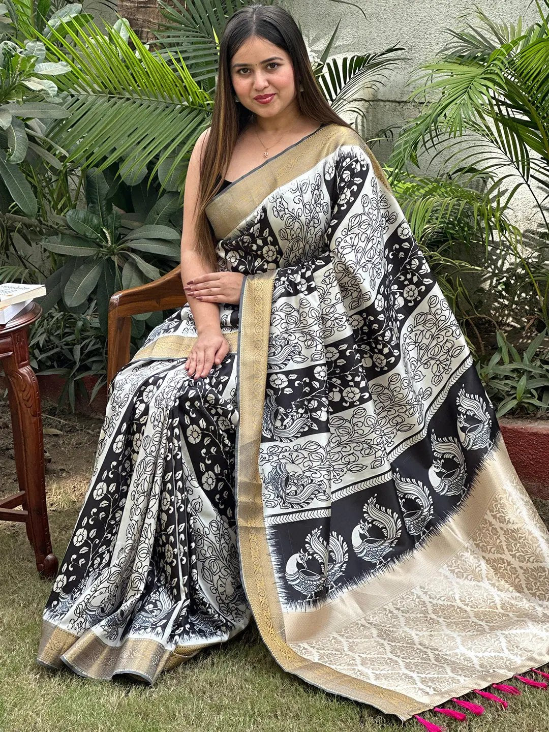 Elegant Kalamkari saree with intricate block print design