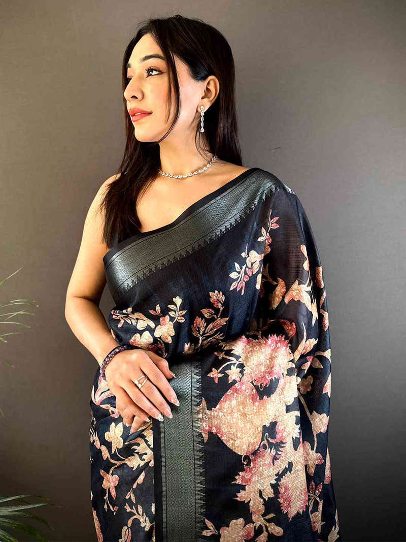 Black Kota Doriya Zari Weave Digital Print Saree