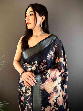 Black Kota Doriya Zari Weave Digital Print Saree